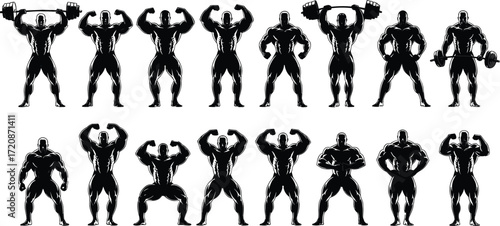 Silhouette of muscular bodybuilders, gym poses, flexing biceps, weightlifting, strength training, bodybuilding competition, fitness icons, vector illustration