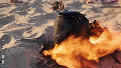 Old metal sooty kettle placed on roaring campfire in desert, with bright orange flames licking around the burning firewood. Traditional berber desert cooking. Western desert, Siwa oasis, Egypt