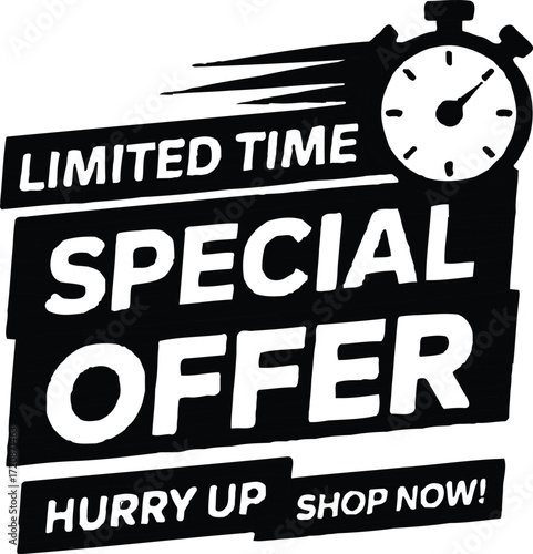 Limited time special offer with hurry up shop now message and stopwatch icon