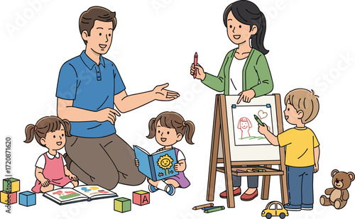 Happy children learning with parents at home, family education, kids drawing, reading books, creative playtime, early childhood development activity
