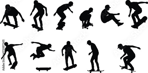 Silhouette of skateboarders performing tricks, extreme skateboarding action, black and white vector art, urban sport, skateboarding lifestyle, youth culture