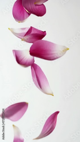 An ultra-slow-motion cascade of delicate, fresh pink and magenta flower petals fluttering against a pristine white background with creamy bokeh. Concept for product promotion