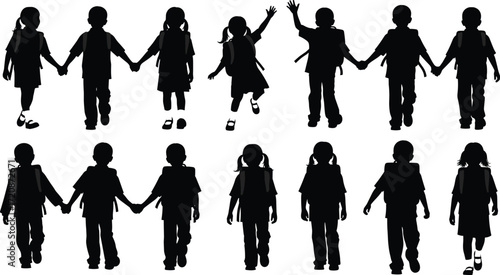 Silhouette of school children, walking and holding hands, kids with backpacks, student group illustration, education, unity, childhood, black and white.