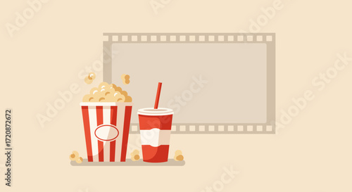 A playful flat design illustration featuring iconic cinema snacks, popcorn and a soda, symbolizing the quintessential movie-watching experience at the Vancouver Film Festival. 