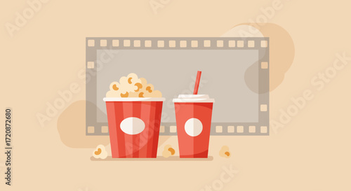 A playful flat design illustration featuring iconic cinema snacks, popcorn and a soda, symbolizing the quintessential movie-watching experience at the Vancouver Film Festival. 