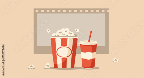 A playful flat design illustration featuring iconic cinema snacks, popcorn and a soda, symbolizing the quintessential movie-watching experience at the Vancouver Film Festival. 