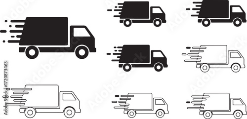 Illustration of collection of fast delivery truck icons isolated on white background