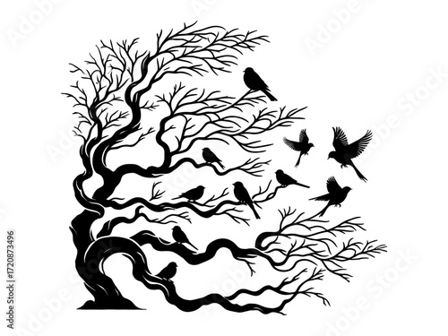 Haunting silhouette of a twisted, windswept tree with a flock of black birds taking flight