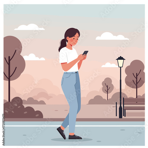 Minimalist Vector Illustration of Woman Using Smartphone in Park Scene with Trees and Street Lamp in Soft Pastel Colors