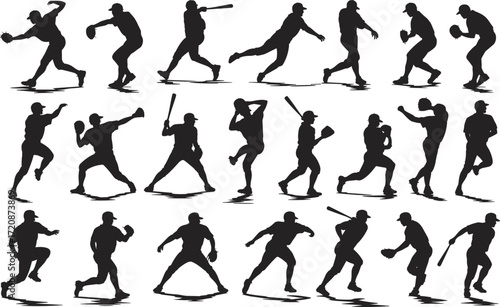 Silhouettes of baseball players pitching, batting, catching, running, baseball action, sports movements, baseball game, athletic players, baseball silhouettes, dynamic poses.