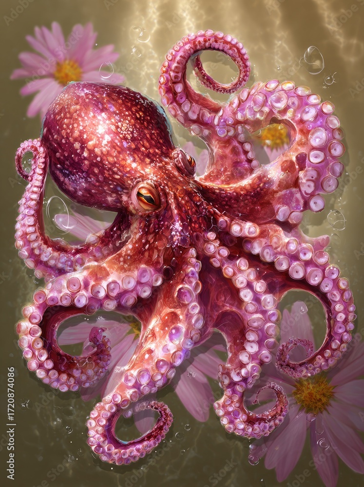 Fototapeta premium Beautiful Pink Octopus Among Flowers.