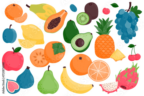 Set of ripe juicy fruits. Papaya, plum, avocado, pear, pitaya, tangerine, lemon, orange, apple, grapes, banana, cherry, fig, persimmon, pineapple, grapes.