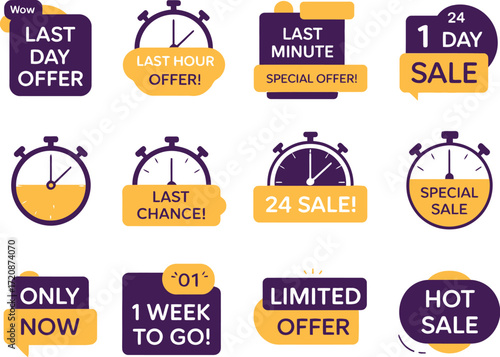 Exciting collection of limited time sale and offer badges with timers, perfect for promotions.