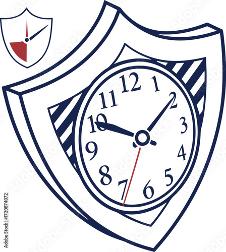 Reliability clock with shield outline icon vector on transparent.