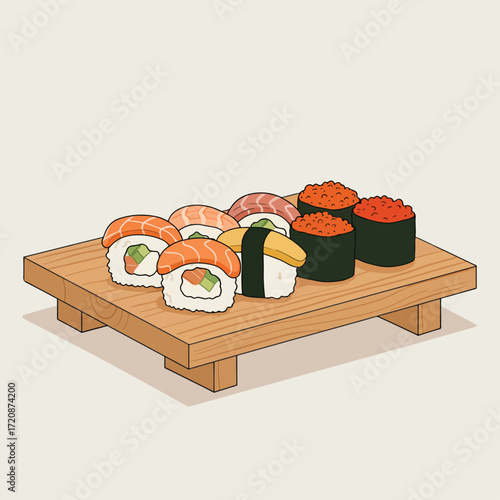Vector Illustration of Sushi Platter with Salmon Nigiri and Maki Rolls in Modern Minimalist Style Featuring Natural Colors