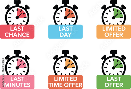 Urgent sale alerts with stopwatch icons signaling limited time offers and last chances.