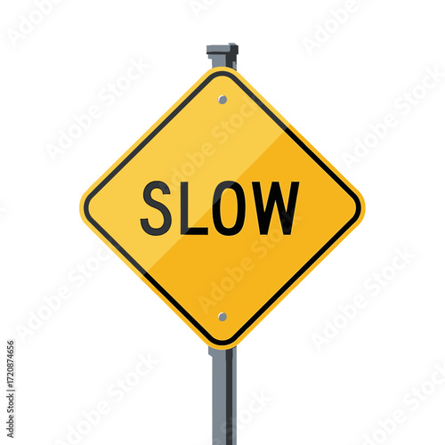Yellow diamond road sign with the word slow displayed prominently indicating reduced speed limits ahead