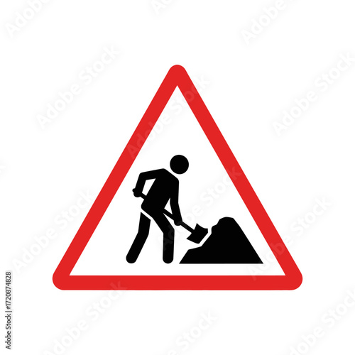 Warning sign of road works construction person digging with shovel traffic safety symbol