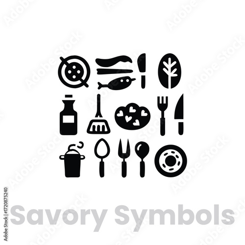Savory food and cooking symbols, featuring ingredients, utensils, and culinary elements for diverse meal preparation