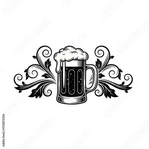 A vintage illustration of a frothy mug of beer adorned with ornate swirling decorative elements on a white background.