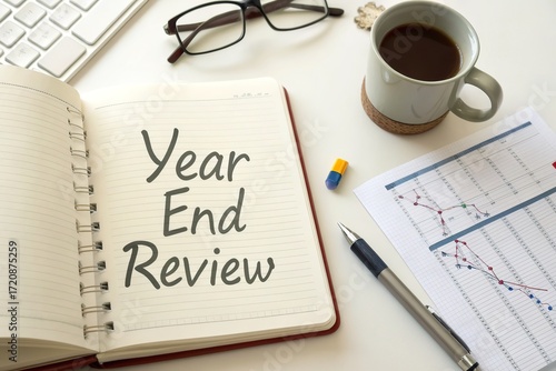 Year-End Review Notebook on Desk with Coffee, Glasses, and Graphs in Background for Business Planning
