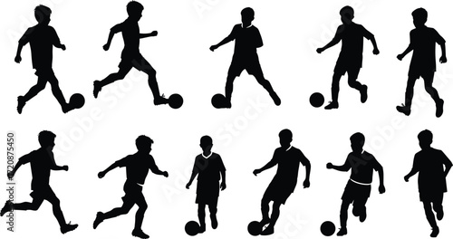 Silhouettes of boys playing soccer with ball, running, kicking, active children outdoors, football game, kids sports, healthy lifestyle, youth exercise