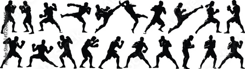 Silhouettes of boxing and martial arts fighters, punching, kicking, sparring, training, combat, self-defense, fitness, action, strength, athletic, sport, competition