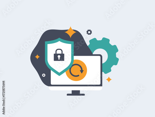 Secure data recovery with shield protection. System update process highlights safe backup, privacy defense and reliable computer restoration through digital technology vector illustration