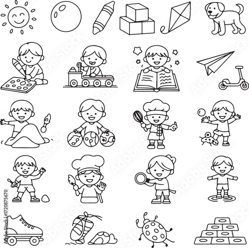 A set of twenty four line art kids activities and games icons vector