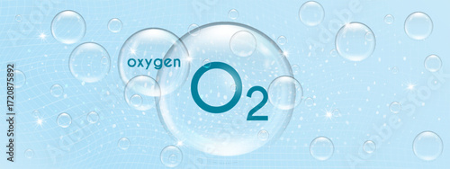 Oxygen molecule in a transparent 3d bubble. Clean water and air icon. O2 chemical element. Vector illustration on abstract blue background