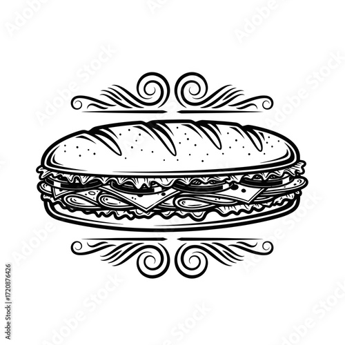 A black and white illustration of a delicious-looking sub sandwich with decorative swirls on either side.
