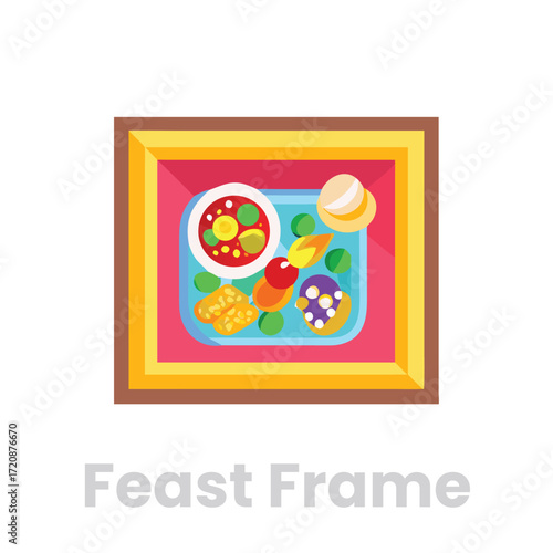 A feast frame icon , showcasing a colorful array of dishes, ideal for illustrating dining, culture, and culinary traditions