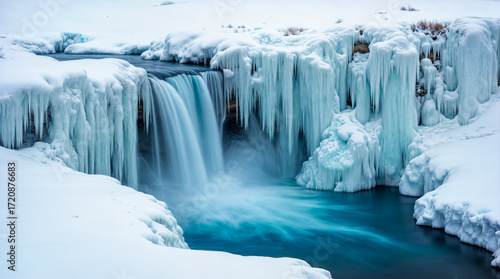 The image shows a frozen waterfall with ice cascades and icicles hanging from the edges. The waterfall flows through a snowy landscape, creating a serene winter scene with a turquoise-blue hue in