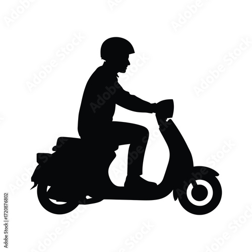 Silhouette of a person riding a scooter with a helmet