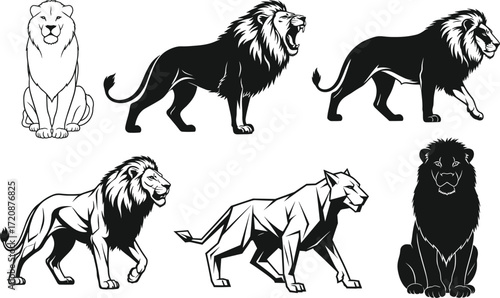 Lion silhouette illustration set, wild animal vector, majestic lion poses, abstract and realistic styles, big cat graphic design elements