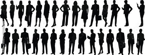 Silhouettes of business people, professionals standing, office team, teamwork, leadership concept, diversity in workplace, formal attire, corporate group