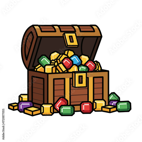 A classic wooden treasure chest overflowing with colorful gemstones, sparkling jewels, and valuable assets