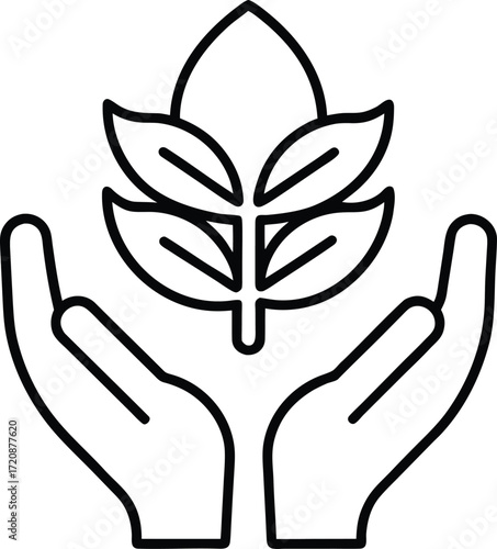 responsibility hands protecting plant outline icon.