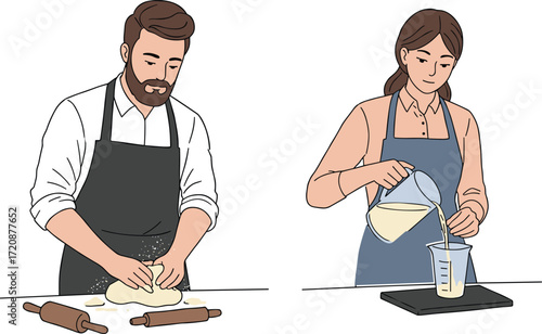 Cartoon Baking Icons Featuring Dough Kneading, Ingredient Measuring, Aprons, Kitchen Tools, Culinary Technique, Cooking Scene, and Homemade Food Theme