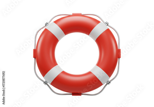 Isolated lifebuoy ring on nautical theme, red and white life preserver for ocean safety