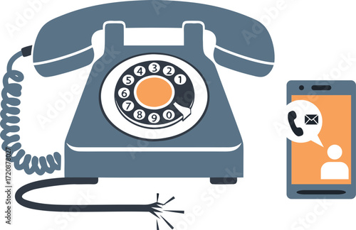 An old rotary phone and a modern smartphone. The concept of communication evolution, technological progress, generational changes, and the transition from analog devices to digital ones.
