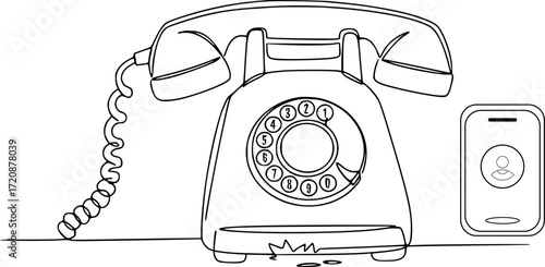 An old rotary phone and a modern smartphone. The concept of communication evolution, technological progress, generational changes, and the transition from analog devices to digital ones.