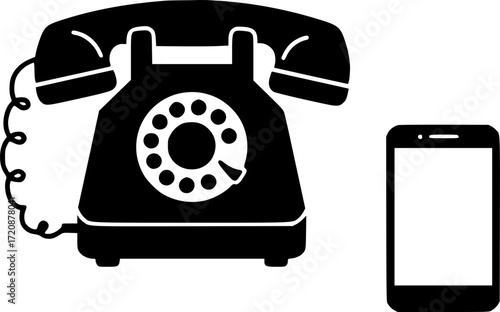 An old rotary phone and a modern smartphone. The concept of communication evolution, technological progress, generational changes, and the transition from analog devices to digital ones.