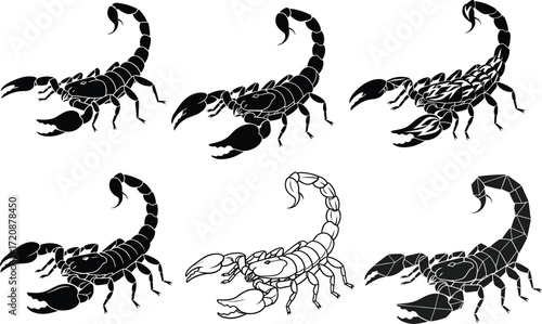 Scorpion illustration set, tribal and polygonal scorpion design, wild insect vector, silhouette pose collection, venomous arachnid graphic art