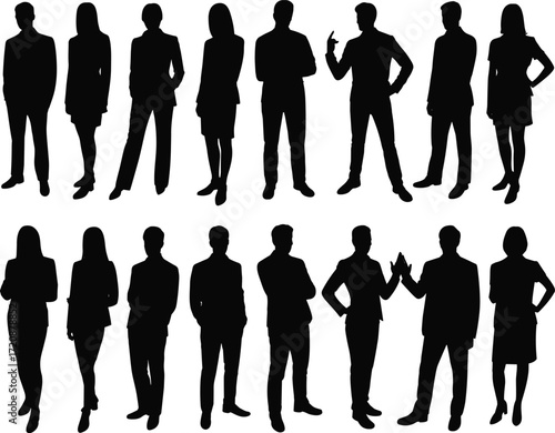 Silhouettes of diverse business professionals standing confidently, teamwork concept, corporate leadership, office workers, professional team