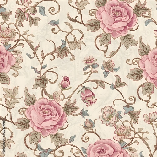 Seamless Vintage Floral Pattern with Pink Roses and Leaves on Beige Background
