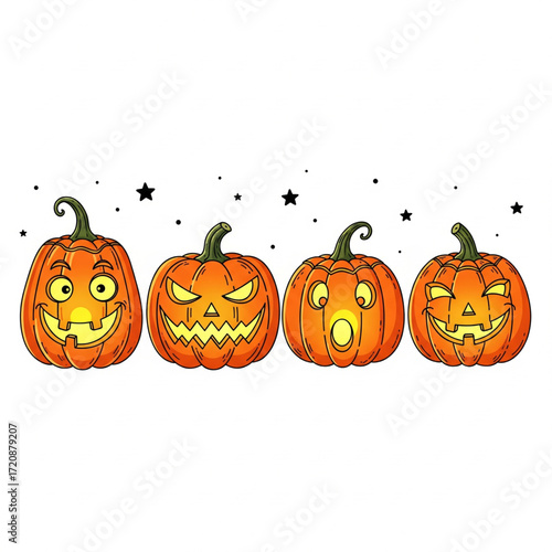 A charming vector collection of cartoon Halloween pumpkins with various carved facial expressions, including silly, angry, surprised, and winking jack-o'-lanterns isolated on a white background