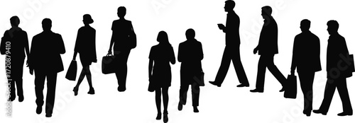 Silhouettes of diverse people walking, carrying bags and briefcases, urban lifestyle, business and casual attire, city commute, professional and everyday life