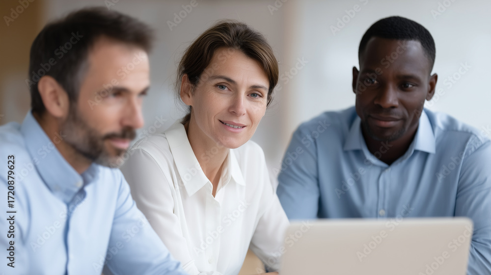 Fototapeta premium Business team meeting collaboration, diverse colleagues discussing project strategy, professional teamwork, office environment, focused, positive