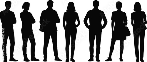 Silhouettes of diverse young adults standing confidently, modern casual clothing, social group, teamwork, friendship, lifestyle, urban people, community concept image